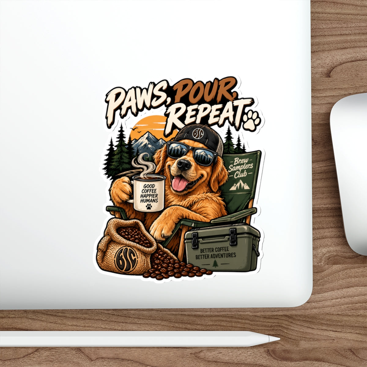 Paws, Pour, Repeat Die-Cut Sticker — Coffee-Loving Adventure Dog Design