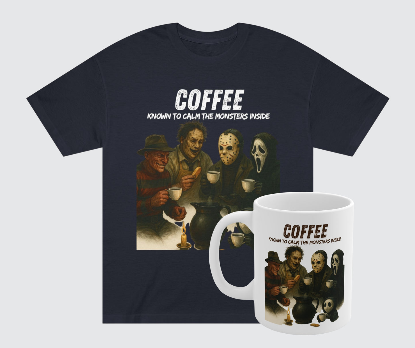 "Coffee. Known to calm the monsters inside" T-shirt & Mug Bundle.
