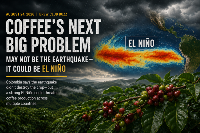Brew Club Buzz article graphic showing El Niño weather pattern over the Pacific Ocean alongside coffee cherries and subheadings on earthquake impact, crop threats, and falling Arabica and Robusta futures prices — August 24, 2026