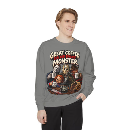 Great Coffee Calms Every Monster Sweatshirt — Horror Movie Crew Coffee Pullover