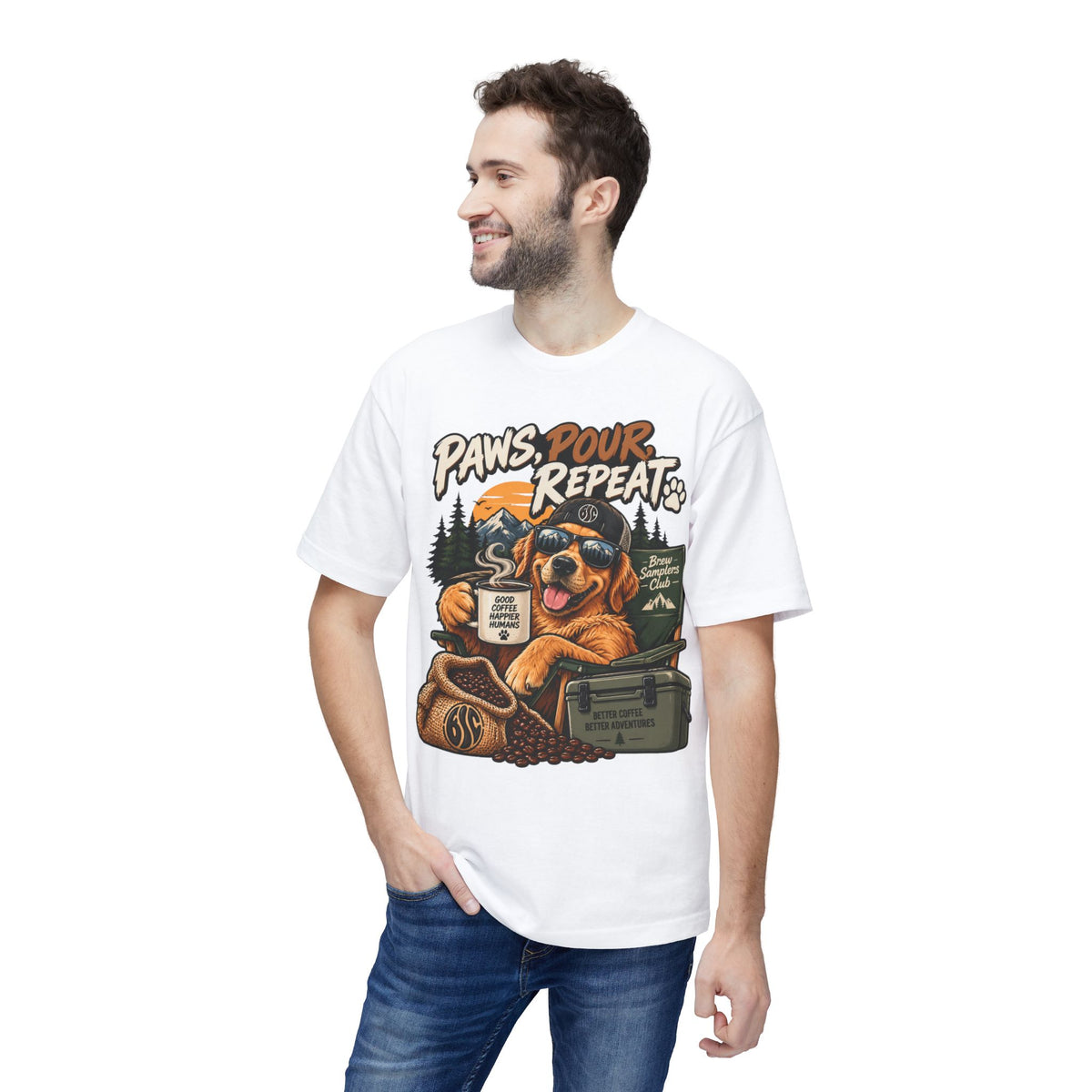 Paws Pour Repeat T-Shirt – Coffee-Loving Dog Camping Graphic Tee