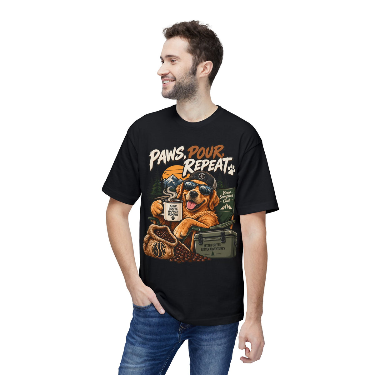 Paws Pour Repeat T-Shirt – Coffee-Loving Dog Camping Graphic Tee