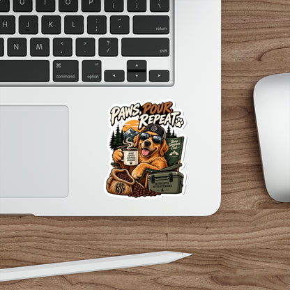 Paws, Pour, Repeat Die-Cut Sticker — Coffee-Loving Adventure Dog Design