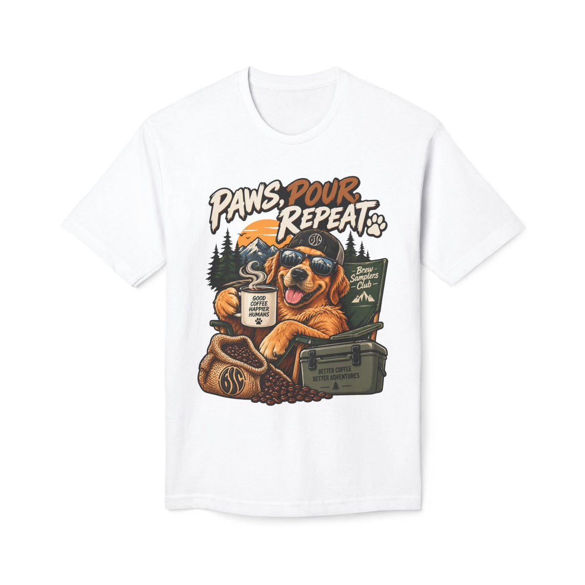 Paws Pour Repeat T-Shirt – Coffee-Loving Dog Camping Graphic Tee