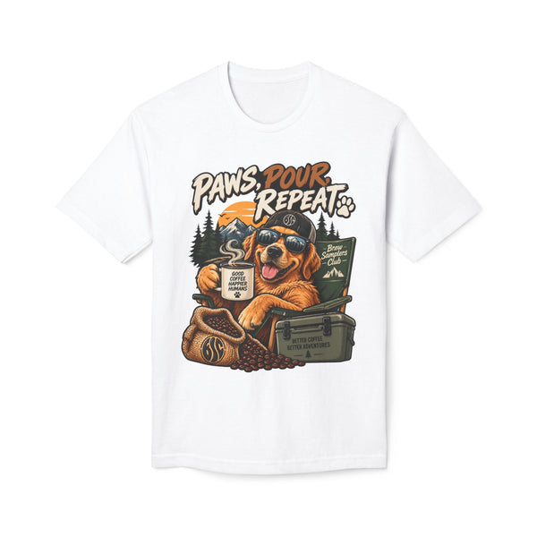 Paws Pour Repeat T-Shirt – Coffee-Loving Dog Camping Graphic Tee