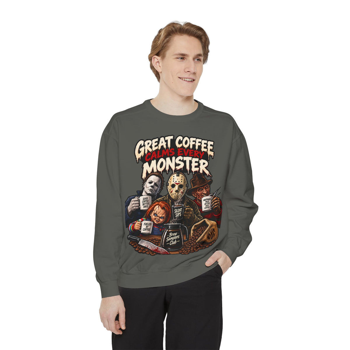 Great Coffee Calms Every Monster Sweatshirt — Horror Movie Crew Coffee Pullover
