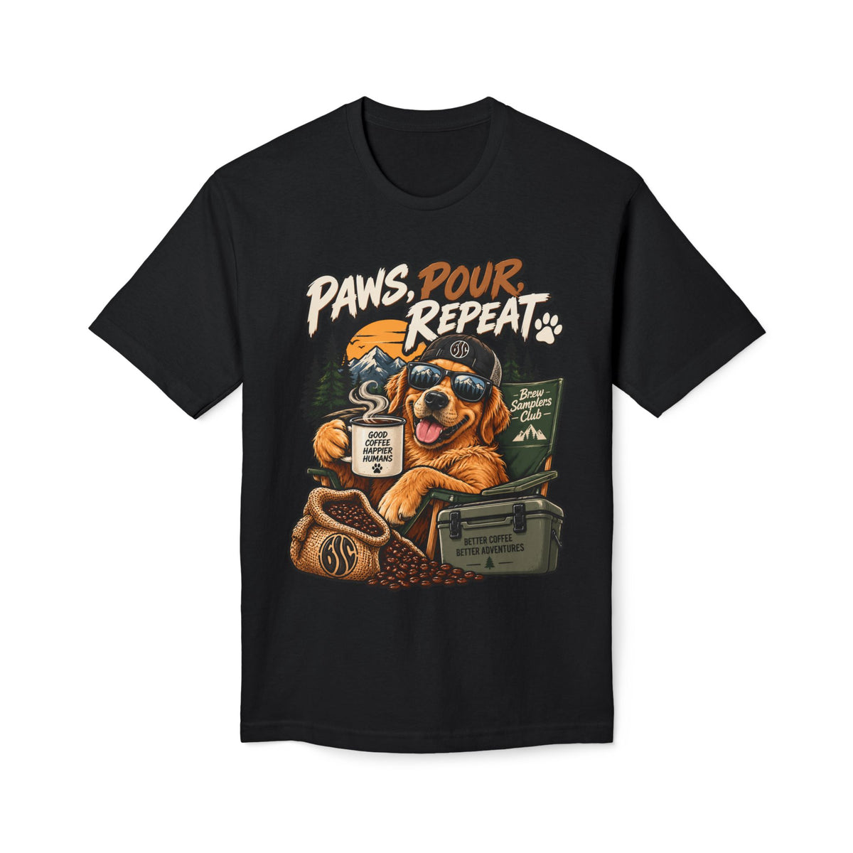 Paws Pour Repeat T-Shirt – Coffee-Loving Dog Camping Graphic Tee