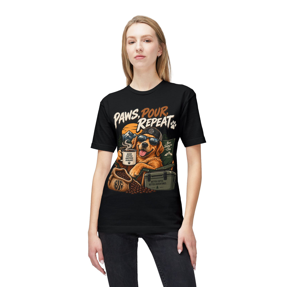 Paws Pour Repeat T-Shirt – Coffee-Loving Dog Camping Graphic Tee