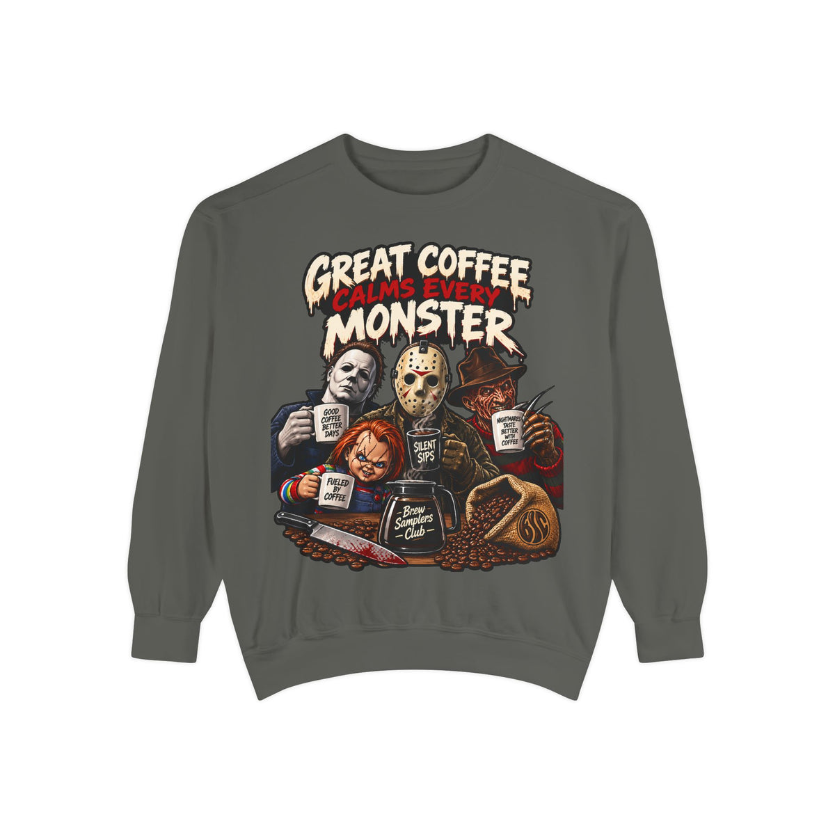 Great Coffee Calms Every Monster Sweatshirt — Horror Movie Crew Coffee Pullover
