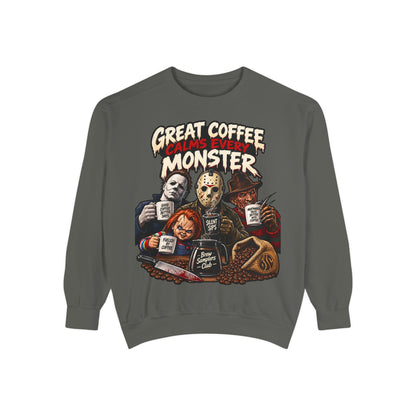 Great Coffee Calms Every Monster Sweatshirt — Horror Movie Crew Coffee Pullover