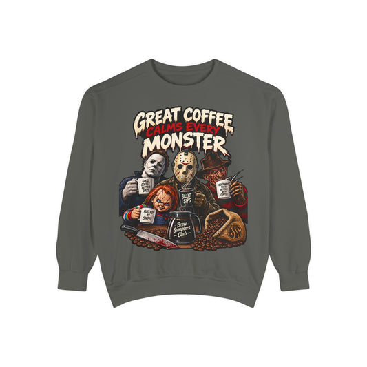 Great Coffee Calms Every Monster Sweatshirt — Horror Movie Crew Coffee Pullover