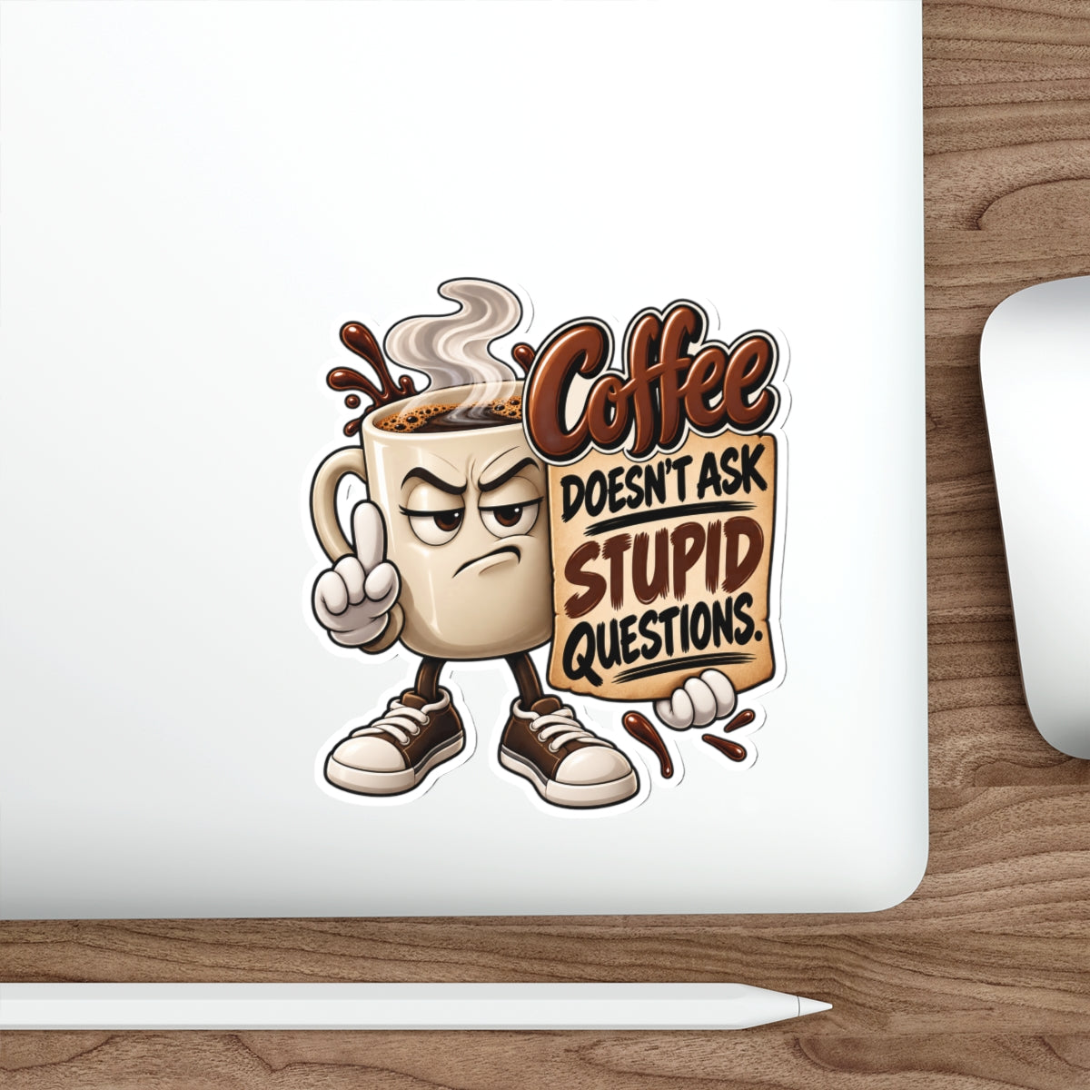 Coffee Sticker — “Coffee Doesn’t Ask Stupid Questions” Die-Cut Sticker