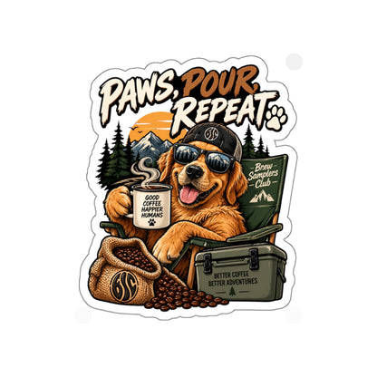 Paws, Pour, Repeat Die-Cut Sticker — Coffee-Loving Adventure Dog Design