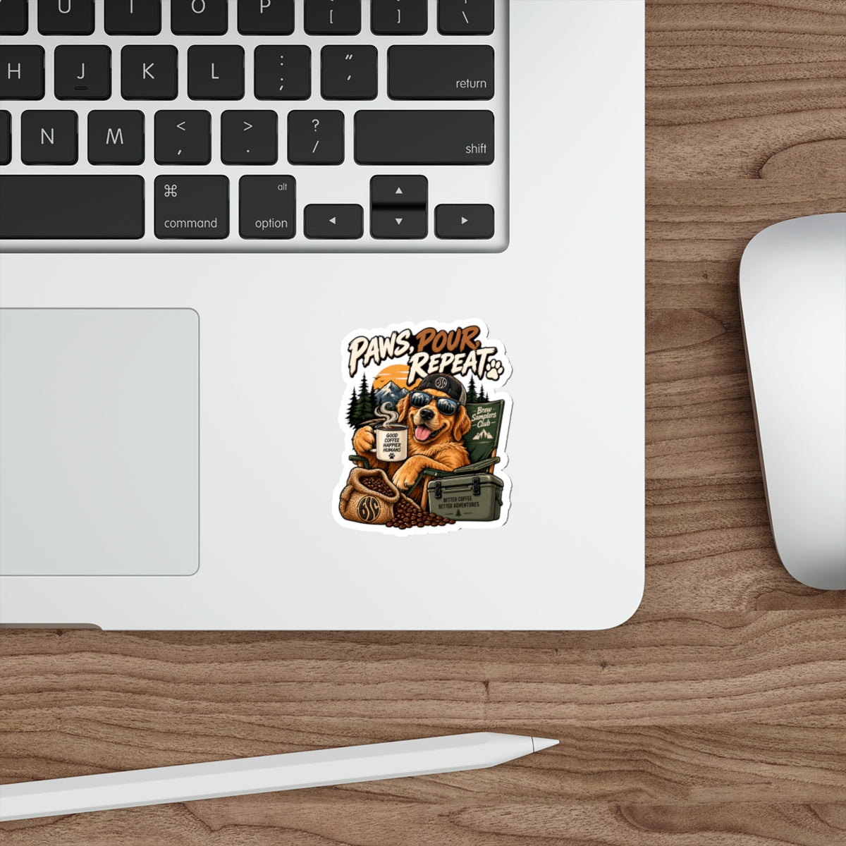 Paws, Pour, Repeat Die-Cut Sticker — Coffee-Loving Adventure Dog Design