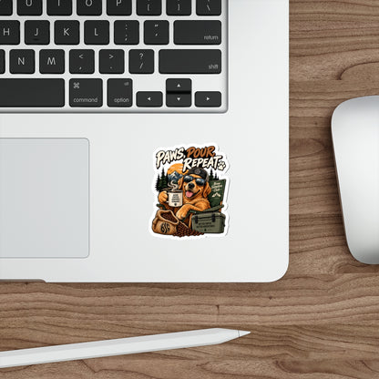 Paws, Pour, Repeat Die-Cut Sticker — Coffee-Loving Adventure Dog Design
