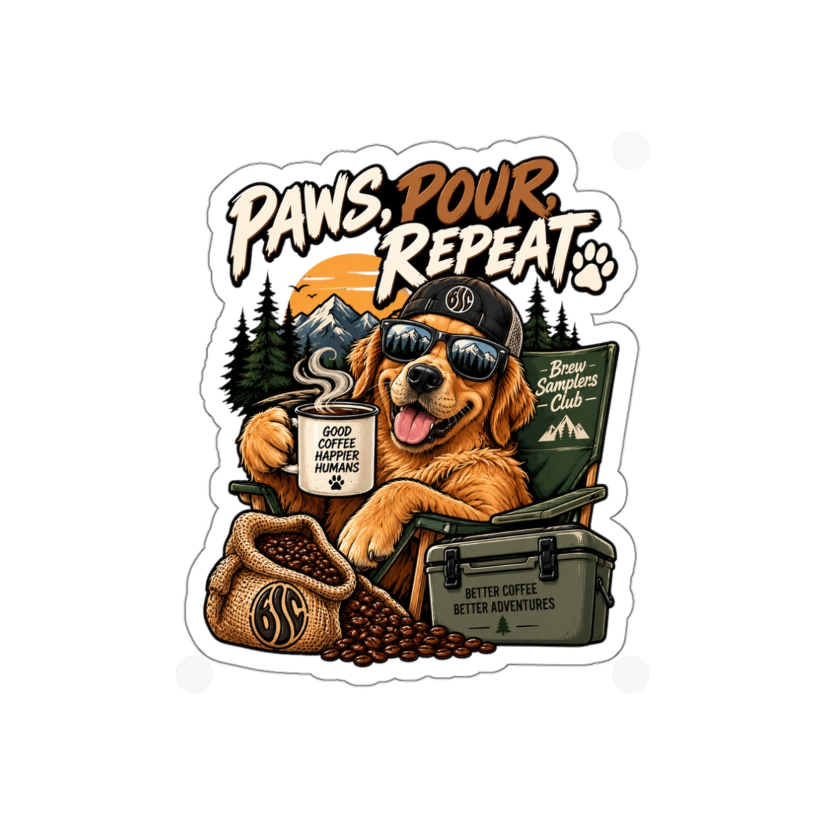Paws, Pour, Repeat Die-Cut Sticker — Coffee-Loving Adventure Dog Design