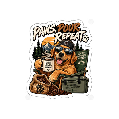Paws, Pour, Repeat Die-Cut Sticker — Coffee-Loving Adventure Dog Design