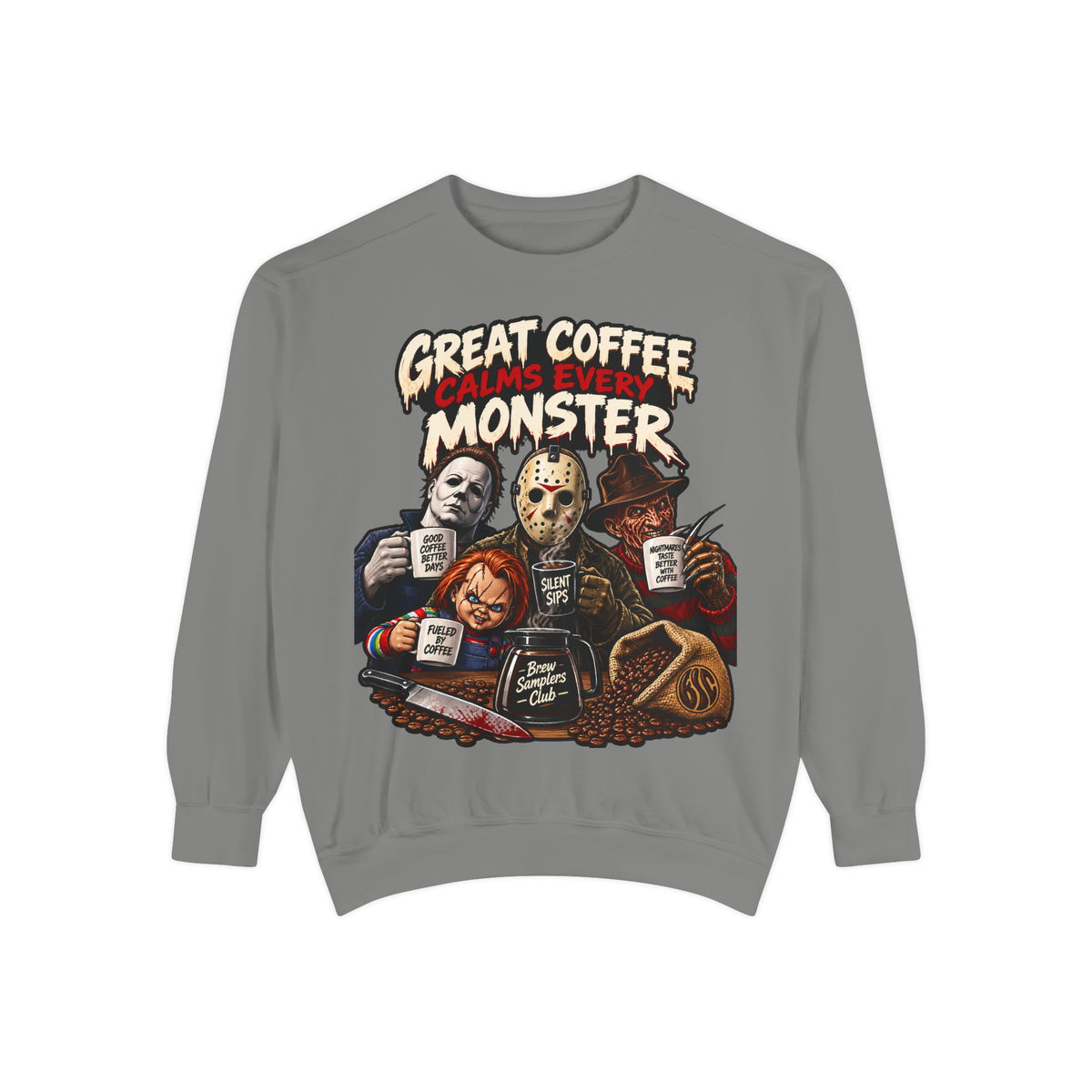 Great Coffee Calms Every Monster Sweatshirt — Horror Movie Crew Coffee Pullover