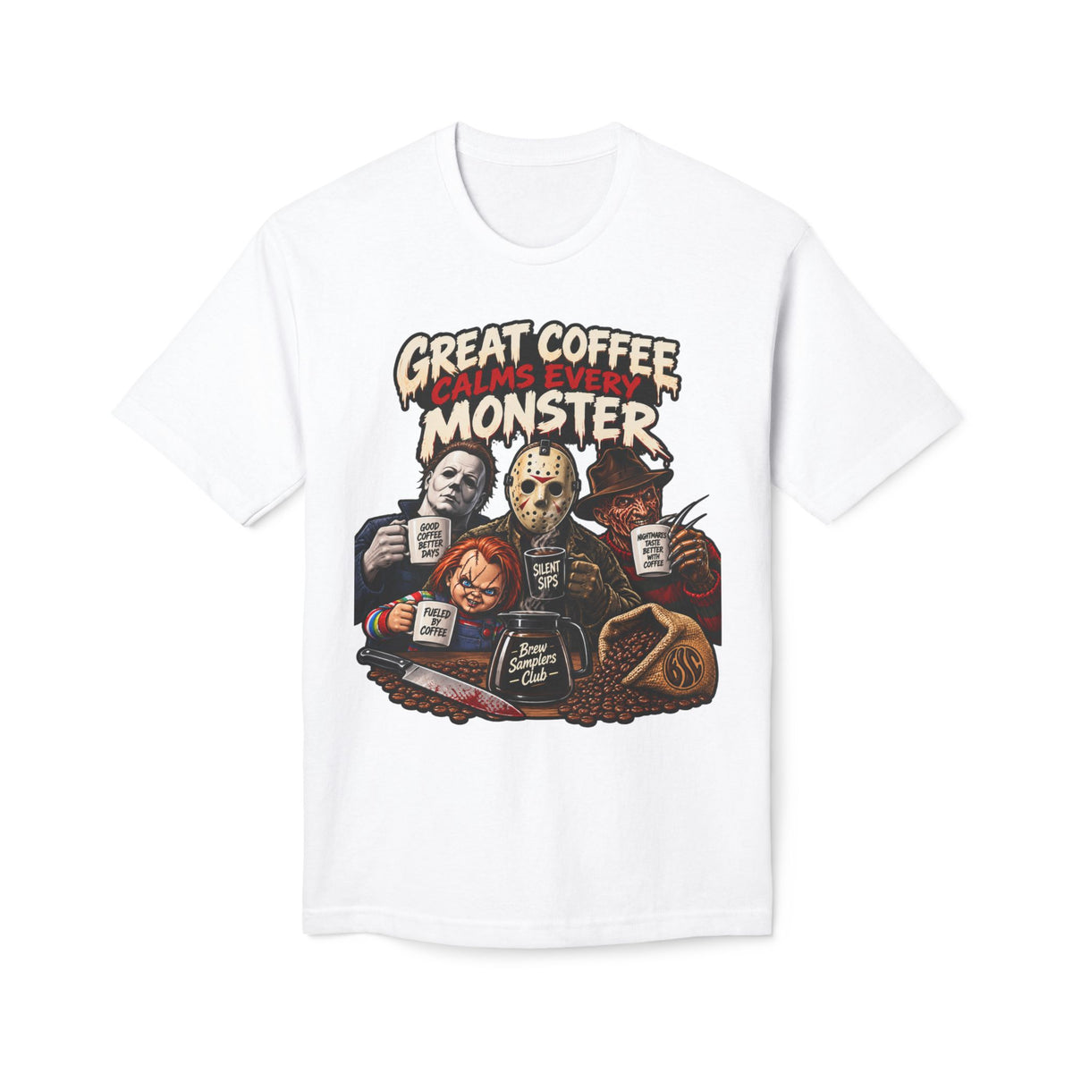 Horror Monsters Coffee T-Shirt – “Great Coffee Calms Even Monster”
