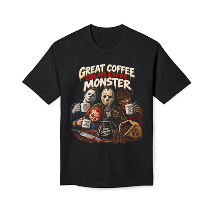 Horror Monsters Coffee T-Shirt – “Great Coffee Calms Even Monster”