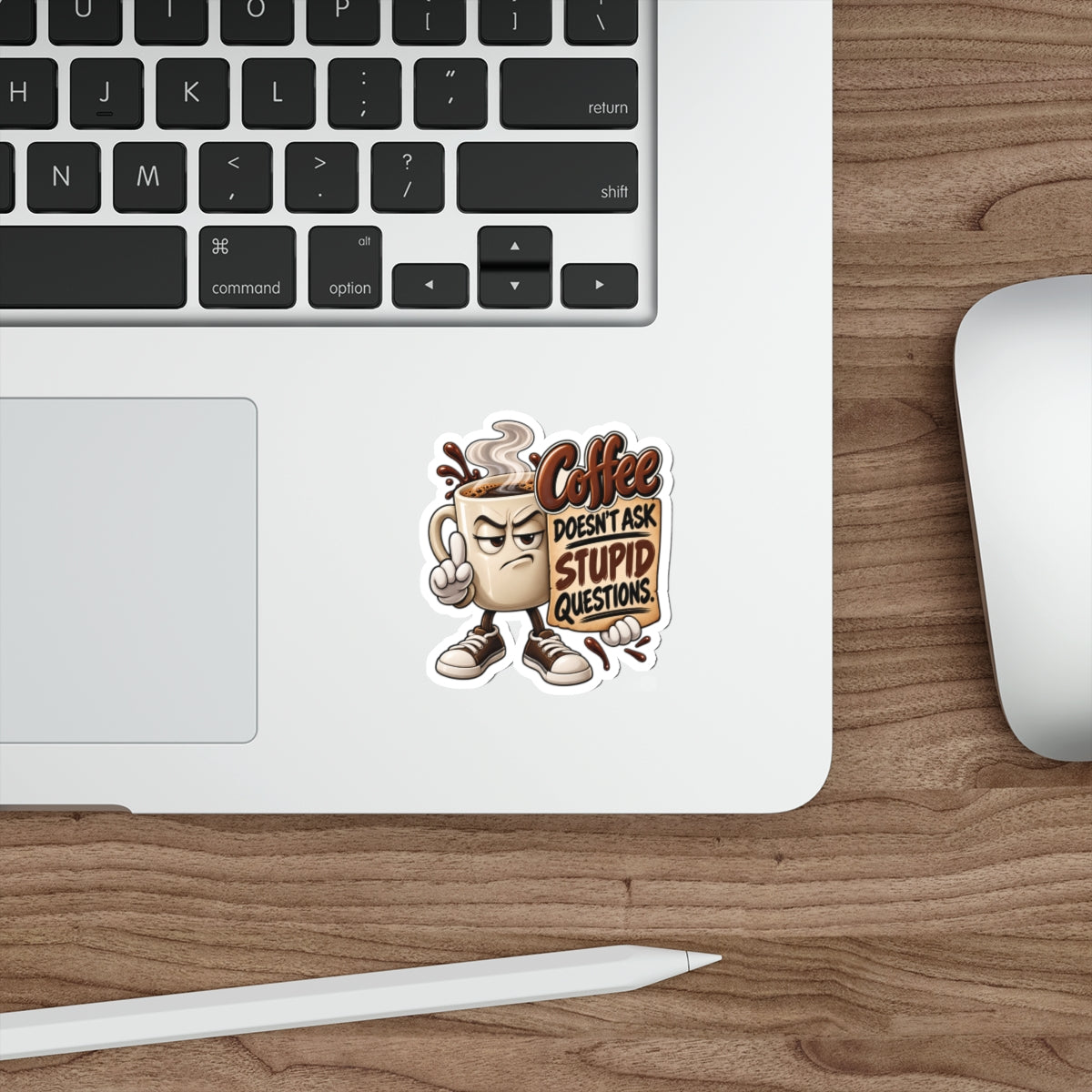 Coffee Sticker — “Coffee Doesn’t Ask Stupid Questions” Die-Cut Sticker