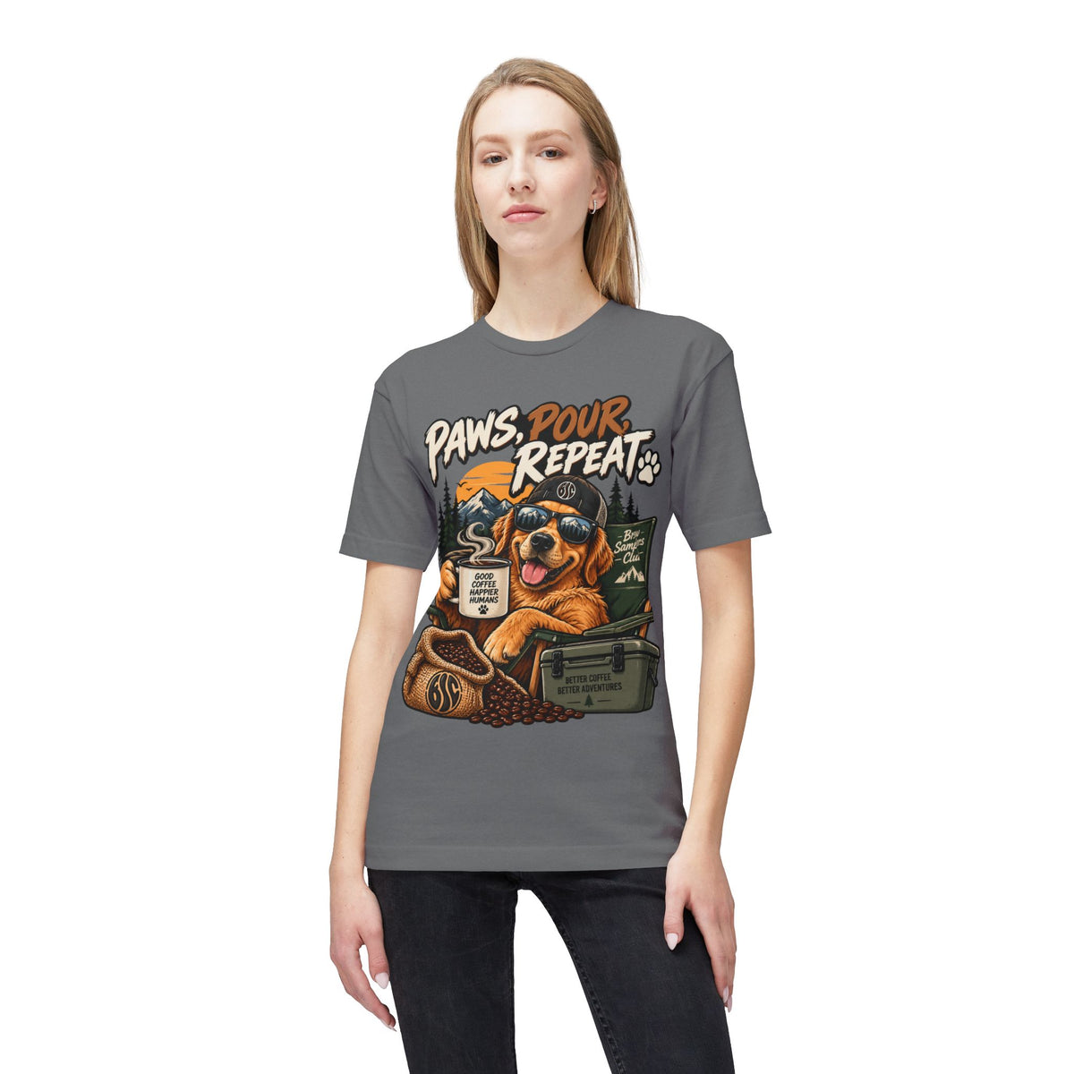 Paws Pour Repeat T-Shirt – Coffee-Loving Dog Camping Graphic Tee