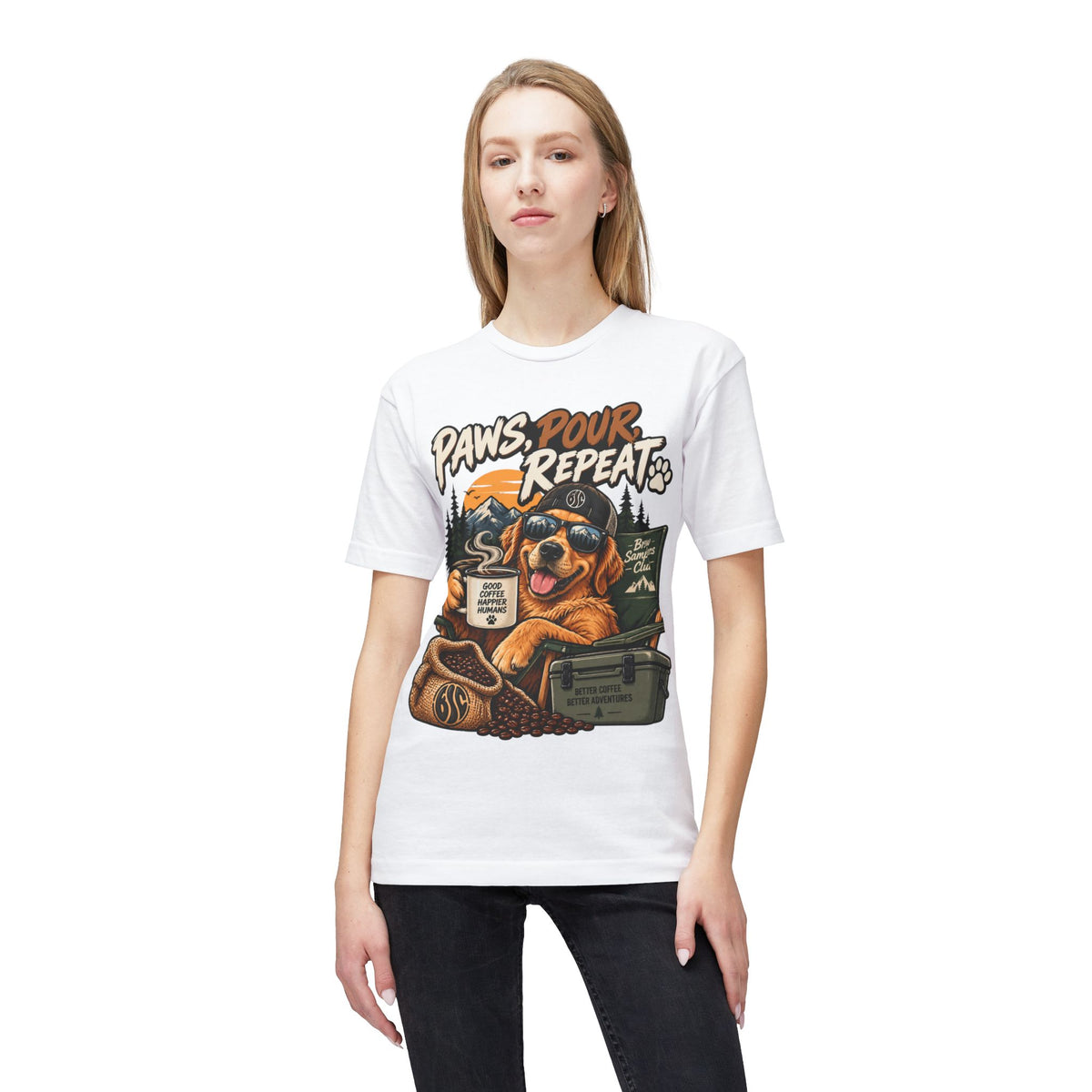 Paws Pour Repeat T-Shirt – Coffee-Loving Dog Camping Graphic Tee