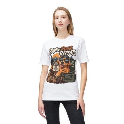 Paws Pour Repeat T-Shirt – Coffee-Loving Dog Camping Graphic Tee