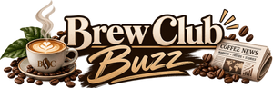 Brew Club Buzz coffee news logo featuring a premium coffee cup, roasted coffee beans, coffee leaves, and a newspaper representing coffee industry news, coffee market trends, business insights, and the latest coffee industry updates.