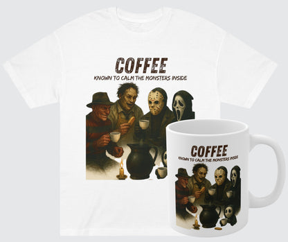 "Coffee. Known to calm the monsters inside" T-shirt & Mug Bundle.