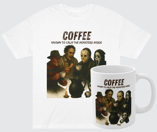 "Coffee. Known to calm the monsters inside" T-shirt & Mug Bundle.