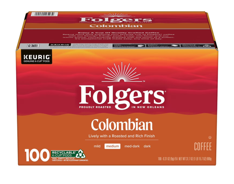 100 ct. Folgers 100% Colombian Medium Dark Roast K-Cup Coffee Pods